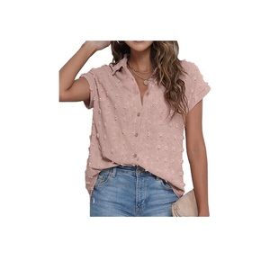 Womens Short Sleeve Button Down Turn Collar Swiss Dot Pure Color Loose Top small